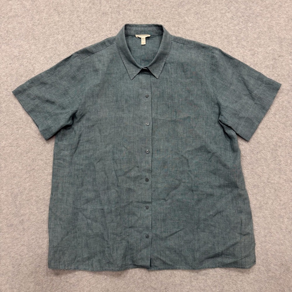 Eileen Fisher Shirt Womens M Green 100% Organic Linen Short Sleeve Button Up